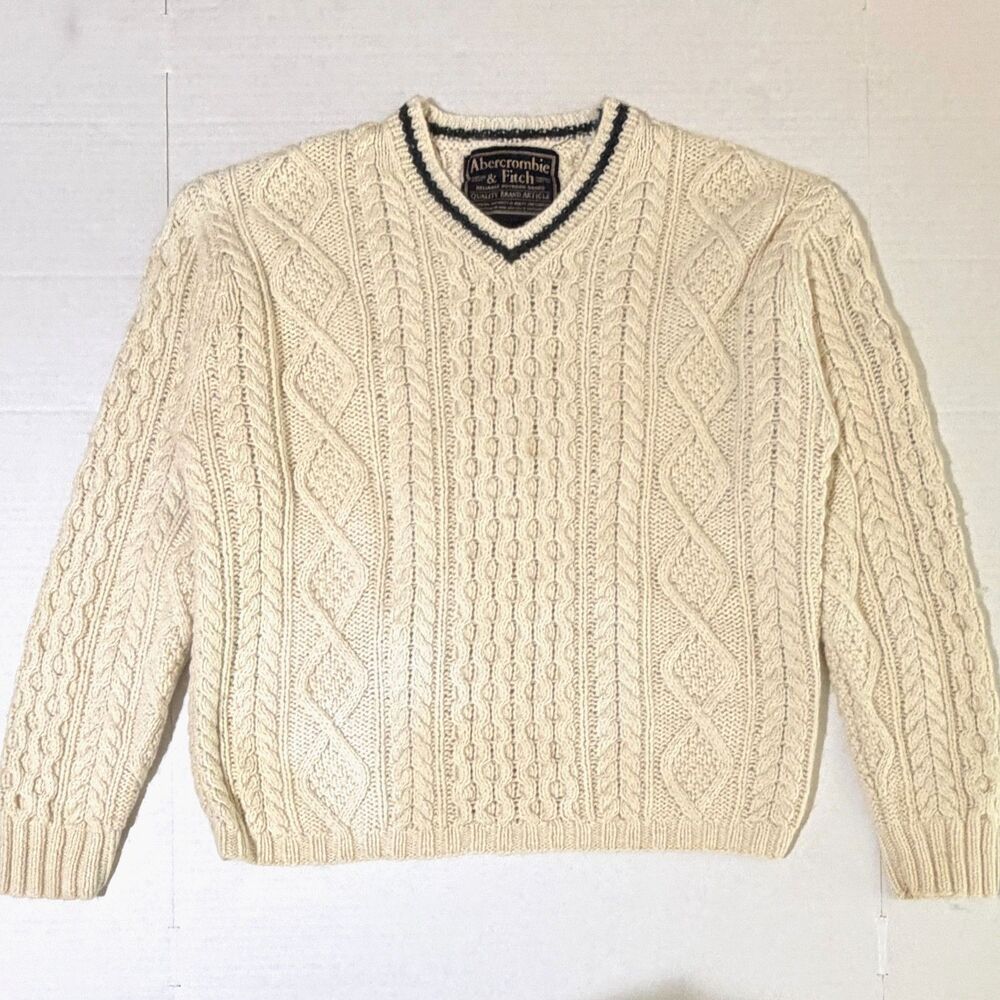 Vintage Abercrombie & Fitch, Ivory Cable-Knit Cotton Wool V-Neck Sweater, L
